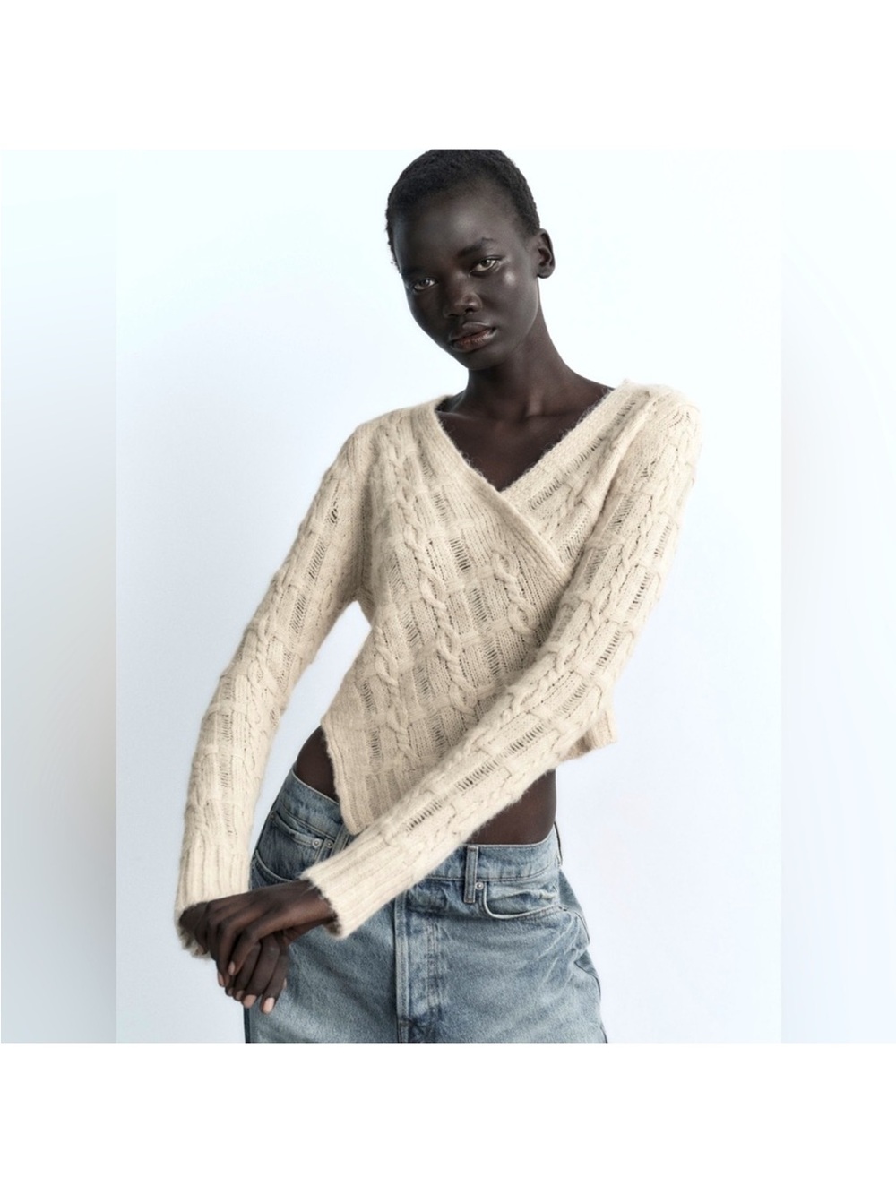 NWT Zara Asymmetrical Cropped Knit Sweater Cream Size Small